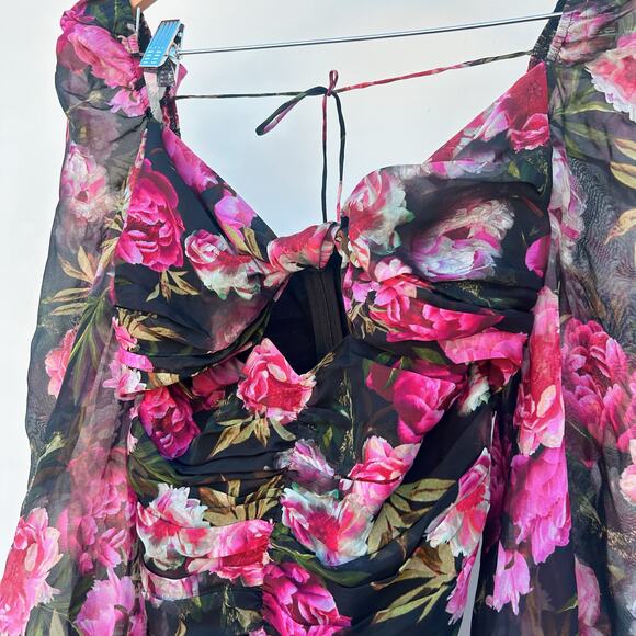 Cami NYC Kimmy Long Sleeve Pink Black Floral Bodysuit Blouse Silk 2 Chiffon - Picture 6 of 12
